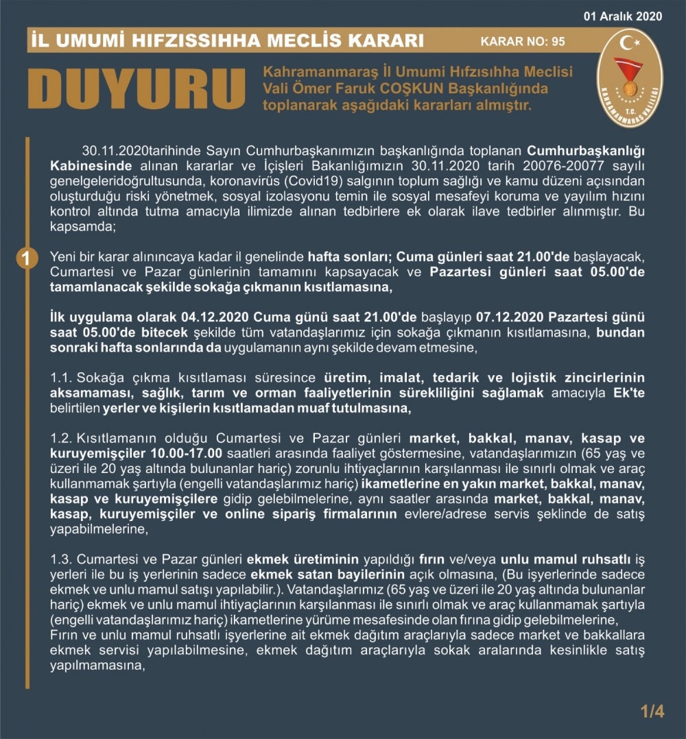 Kahramanmaraş Valiliği yeni tedbir ve kararları açıkladı 1