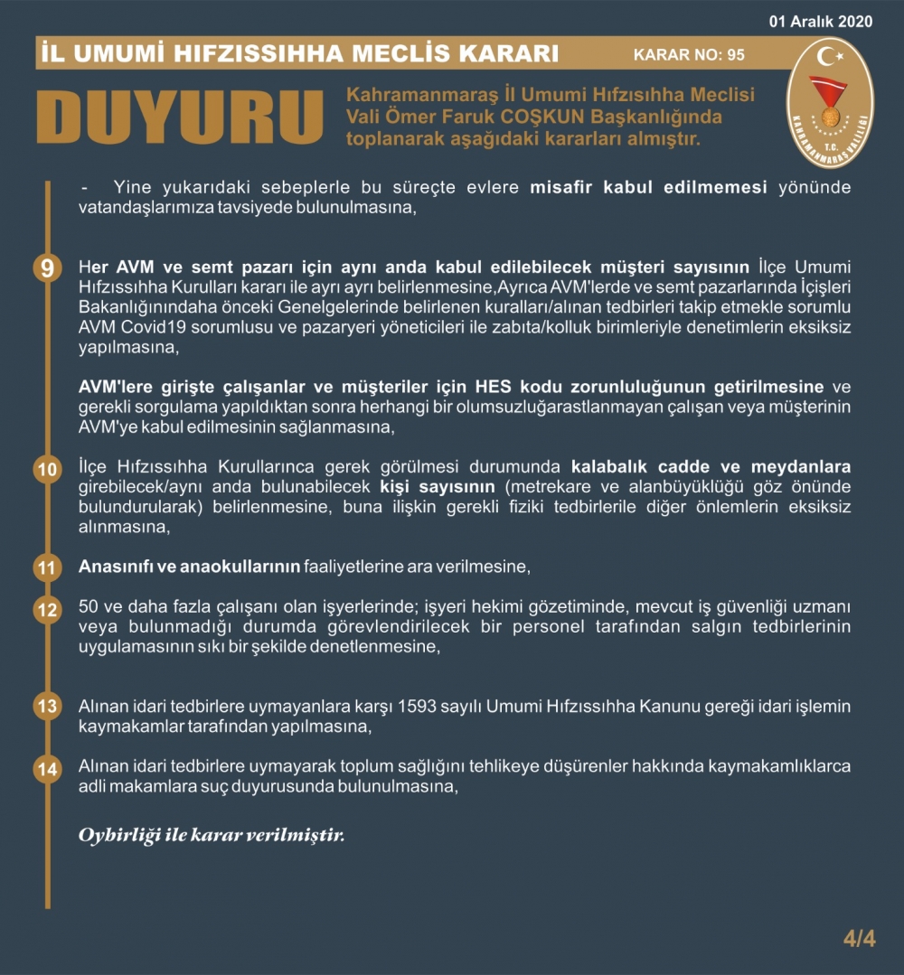 Kahramanmaraş Valiliği yeni tedbir ve kararları açıkladı 4