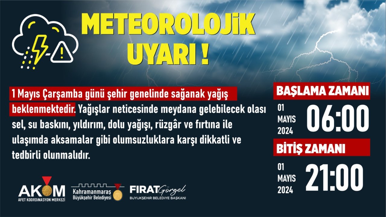 Kahramanmaraş’ta vatandaşlar sağanak yağışa karşı uyarıldı!