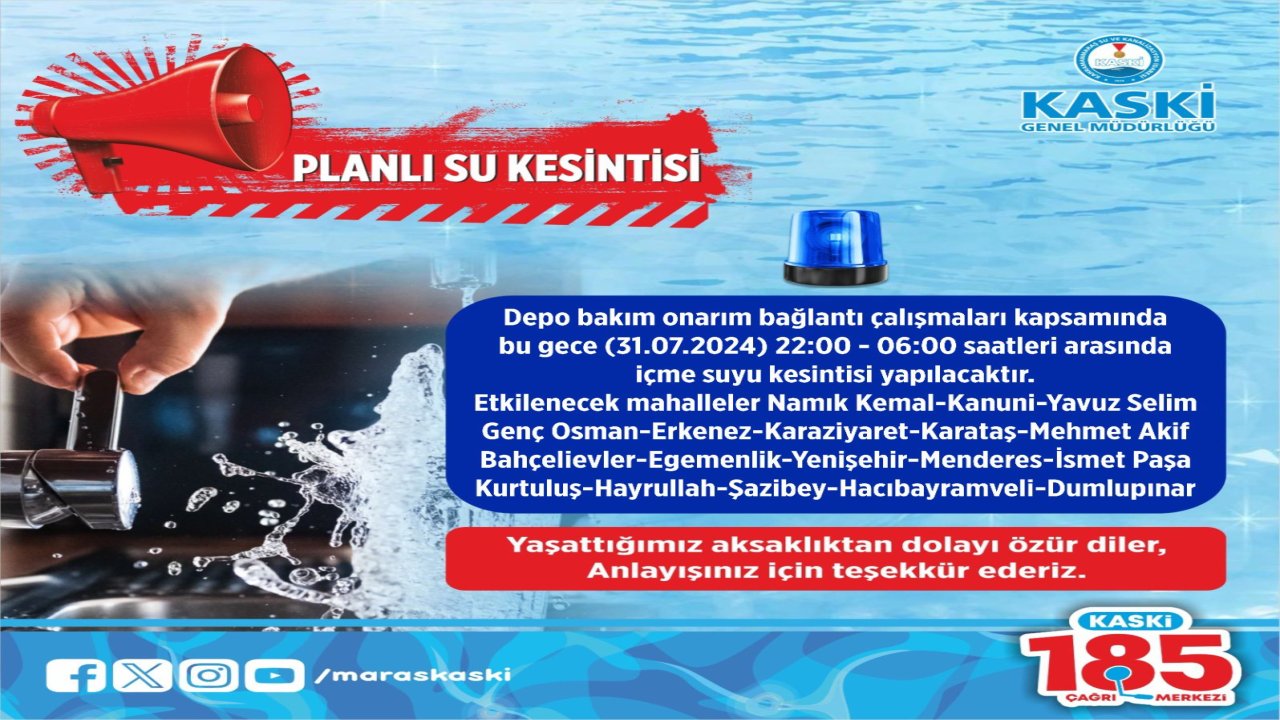 Kahramanmaraş Onikişubat ve Dulkadiroğlu’nda 18 mahallede su kesintisi yaşanacak!