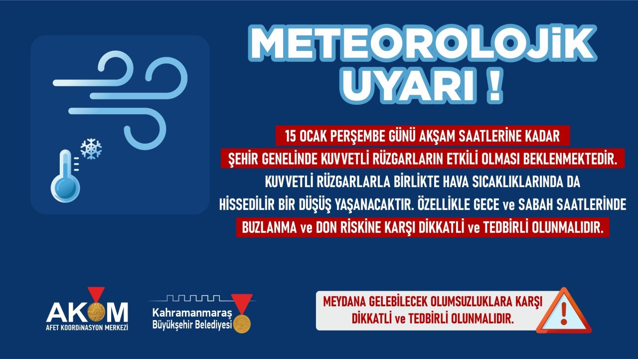 Kahramanmaraş’ta Kuvvetli Rüzgâr ve Soğuk Hava Alarmı