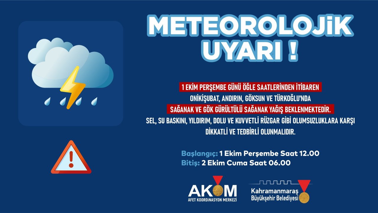 Kahramanmaraş’ta 4 İlçe İçin Sağanak Yağış Uyarısı