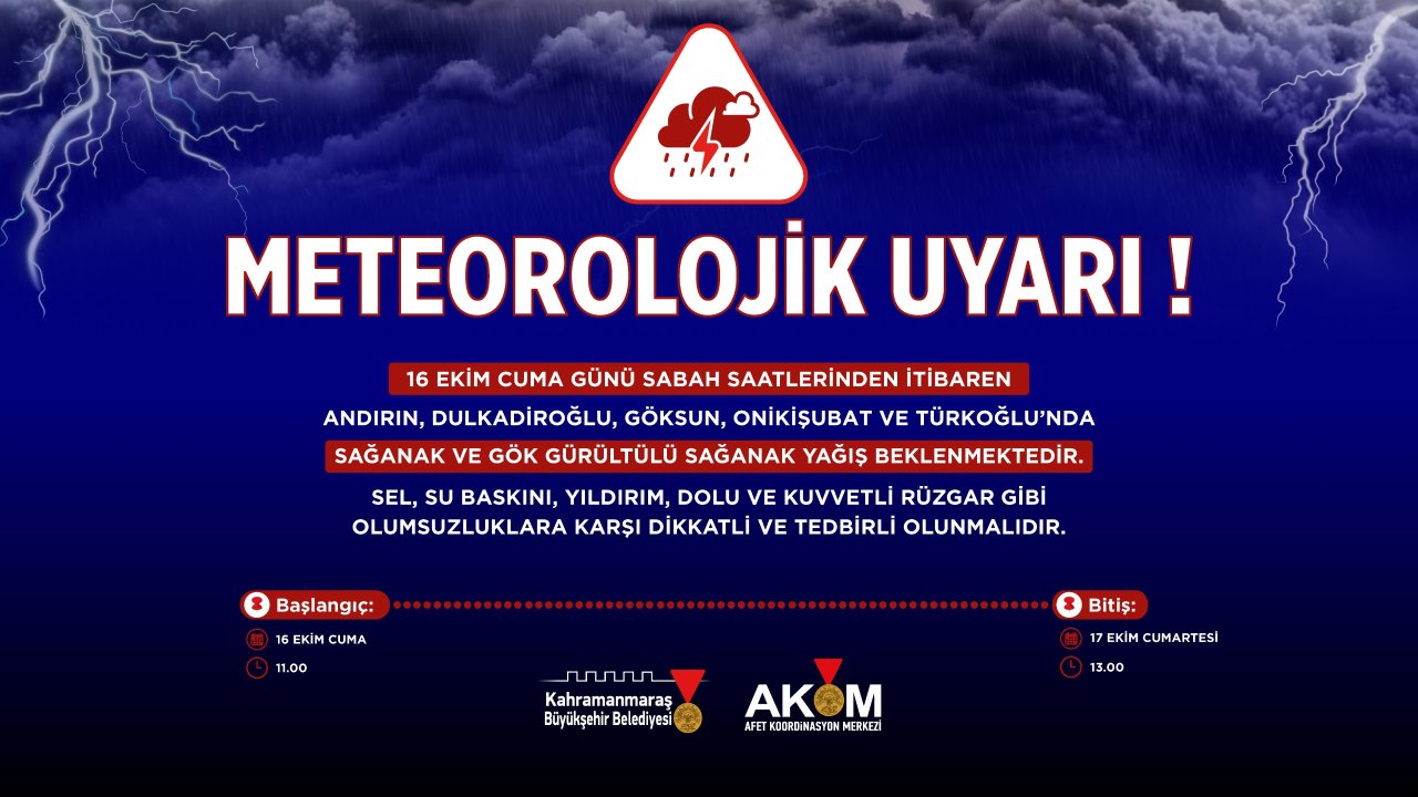 Kahramanmaraş’ta 5 İlçe İçin Kuvvetli Sağanak Uyarısı