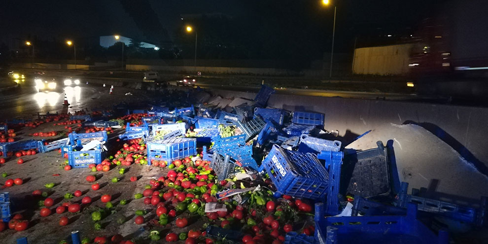 D-100’de tır devrildi, sebzeler yola saçıldı