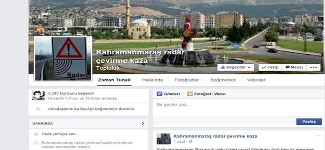 RADAR CEZASINA FACEBOOK'TAN ÖNLEM