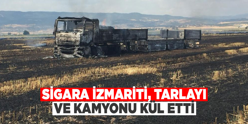 Sigara izmariti, tarlayı ve kamyonu kül etti