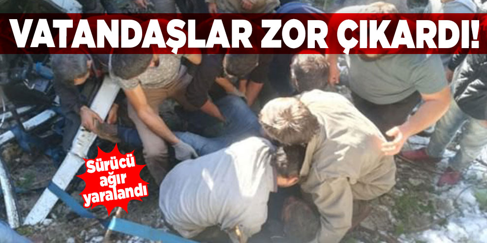 Künk yüklü kamyon şarampole devrildi; sürücü ağır yaralandı