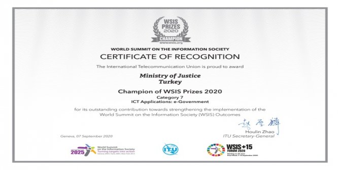 Adalet Bakanlığının uygulamasına Uluslararası ödül