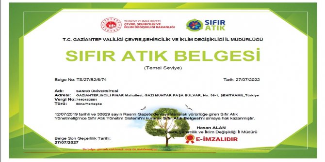 SANKO Üniversitesi Sıfır Atık Belgesi aldı
